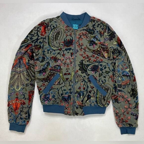 KAS New York Burnout Floral Velvet Boho Bomber Jacket Women XS Multicolor - Picture 1 of 7